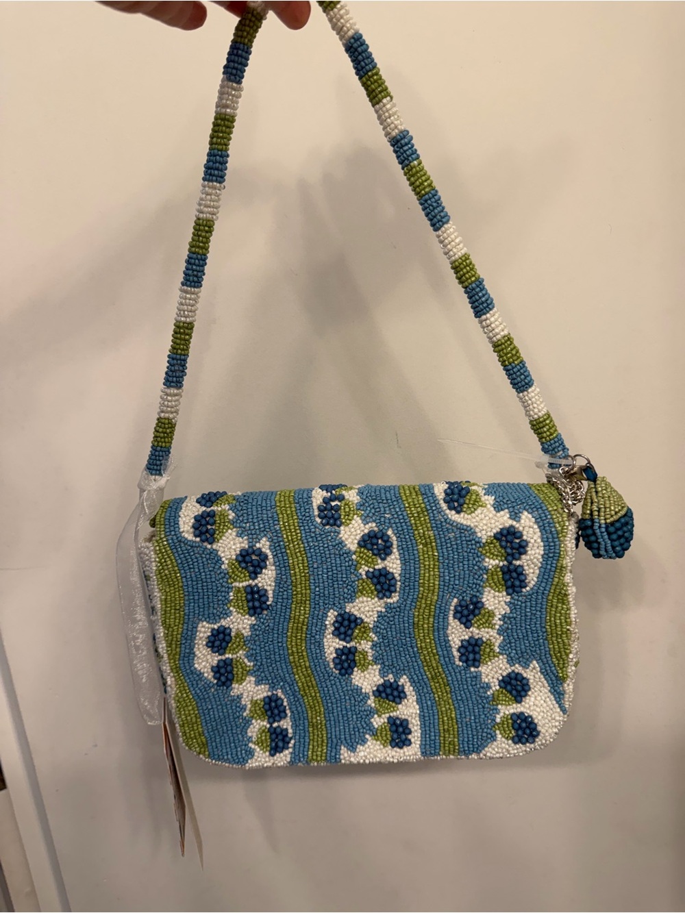 Beaded Floral Blue & Green Shoulder Bag - Picture 2 of 10